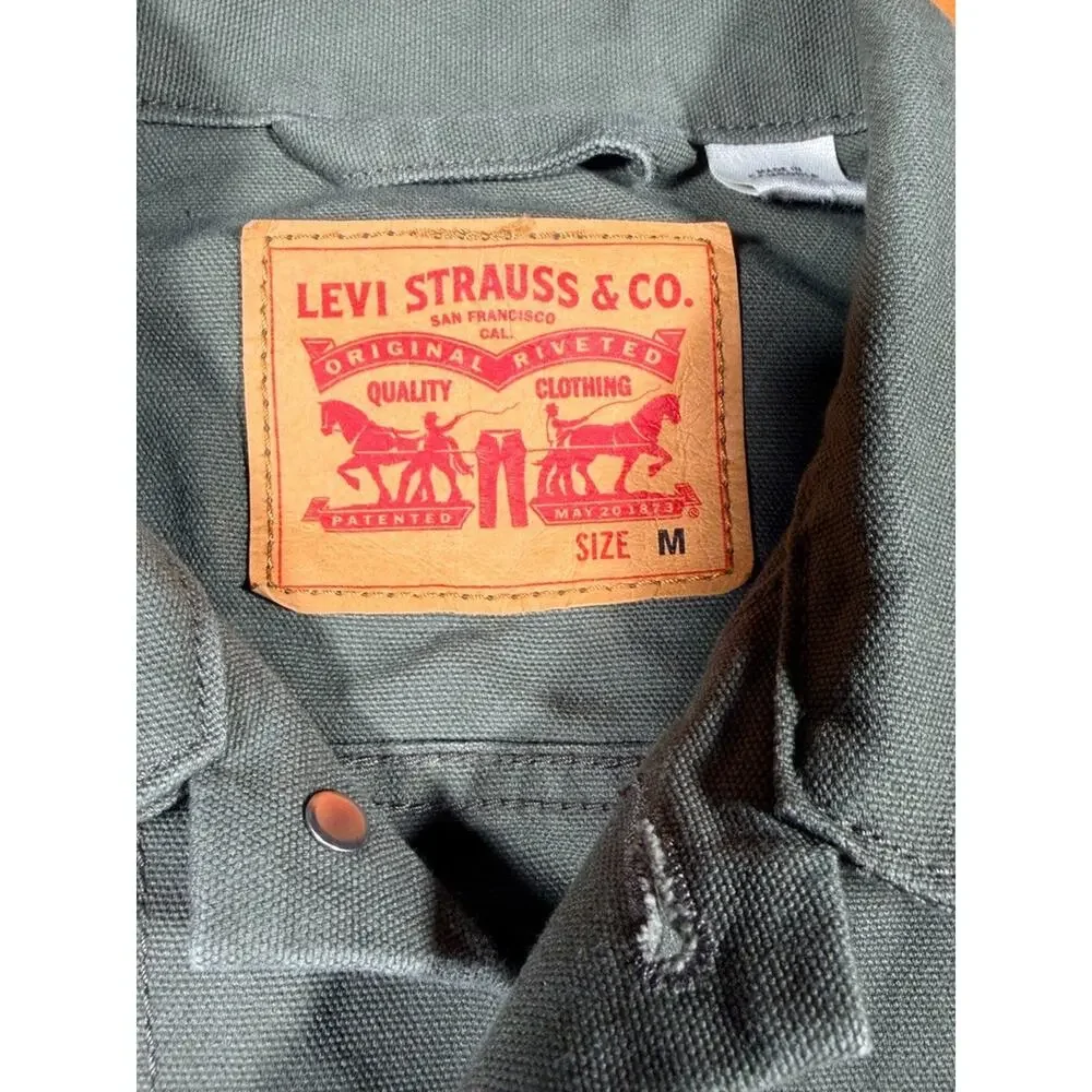 Levi’s Men’s Medium Olive Green Canvas Trucker Jacket Workwear Faded